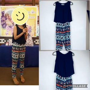 Siare's Chiffon Aztec Print Blue Jumpsuit Pockets